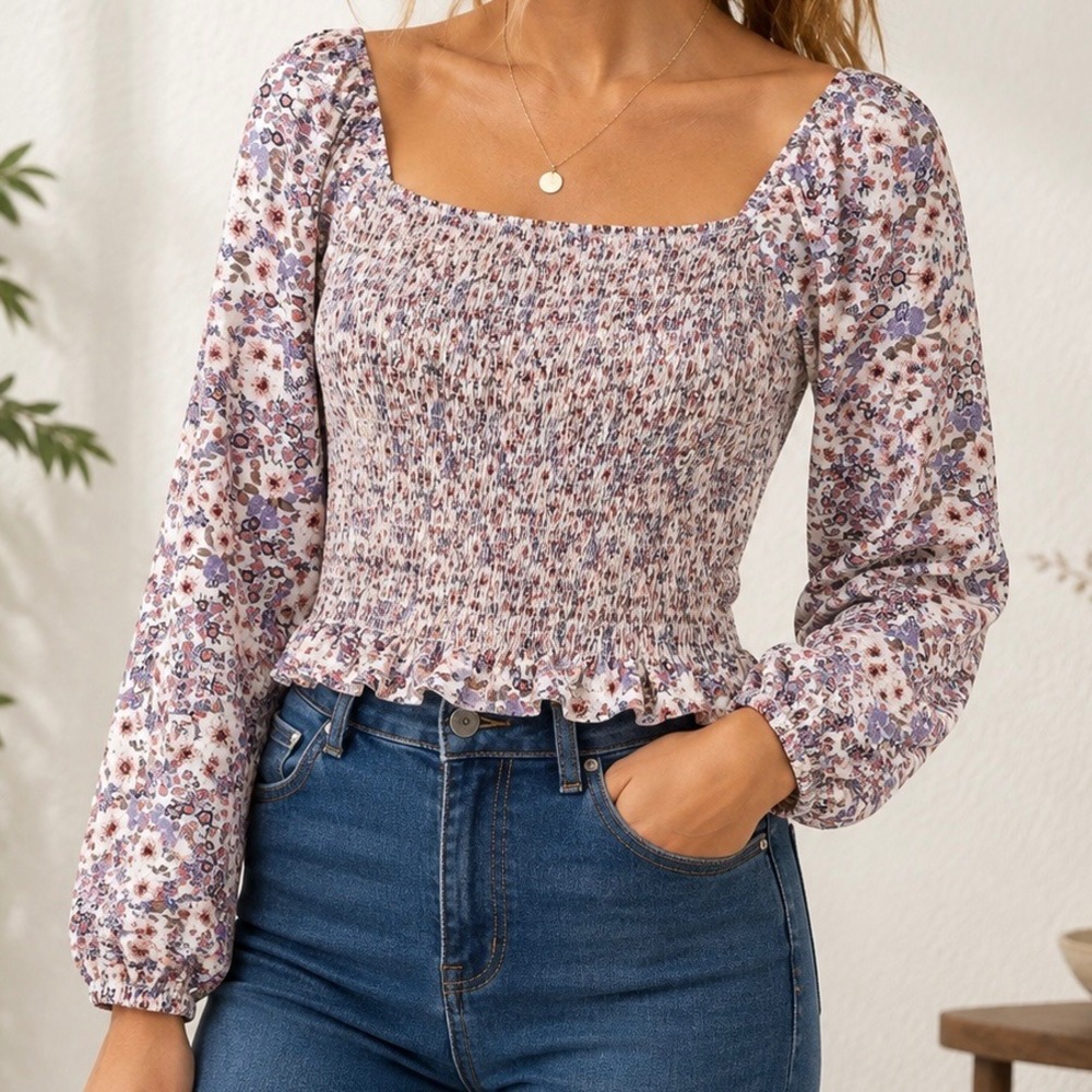 Bohme Floral Smocked Blouse Purple White Square Neck Puff Sleeve Top Large